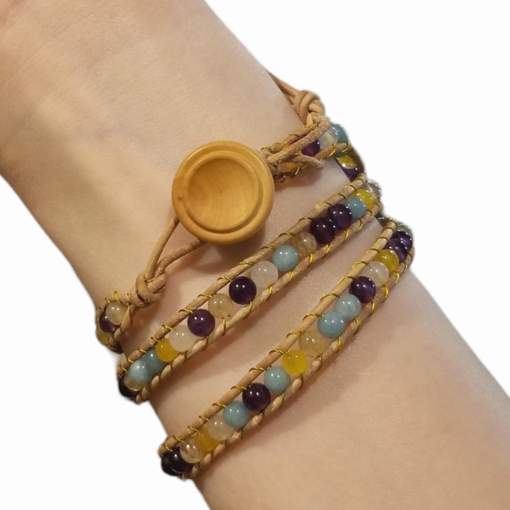 NEW Multi Semi-precious Gemstone 3 Wrap Bracelet - Picture 4 of 5